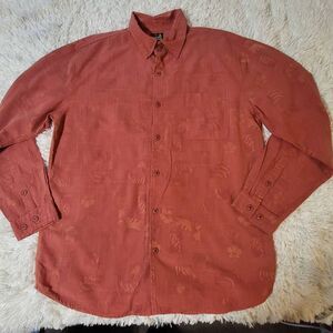 Mens long sleeve button-up Palm tree rust pocket shirt L